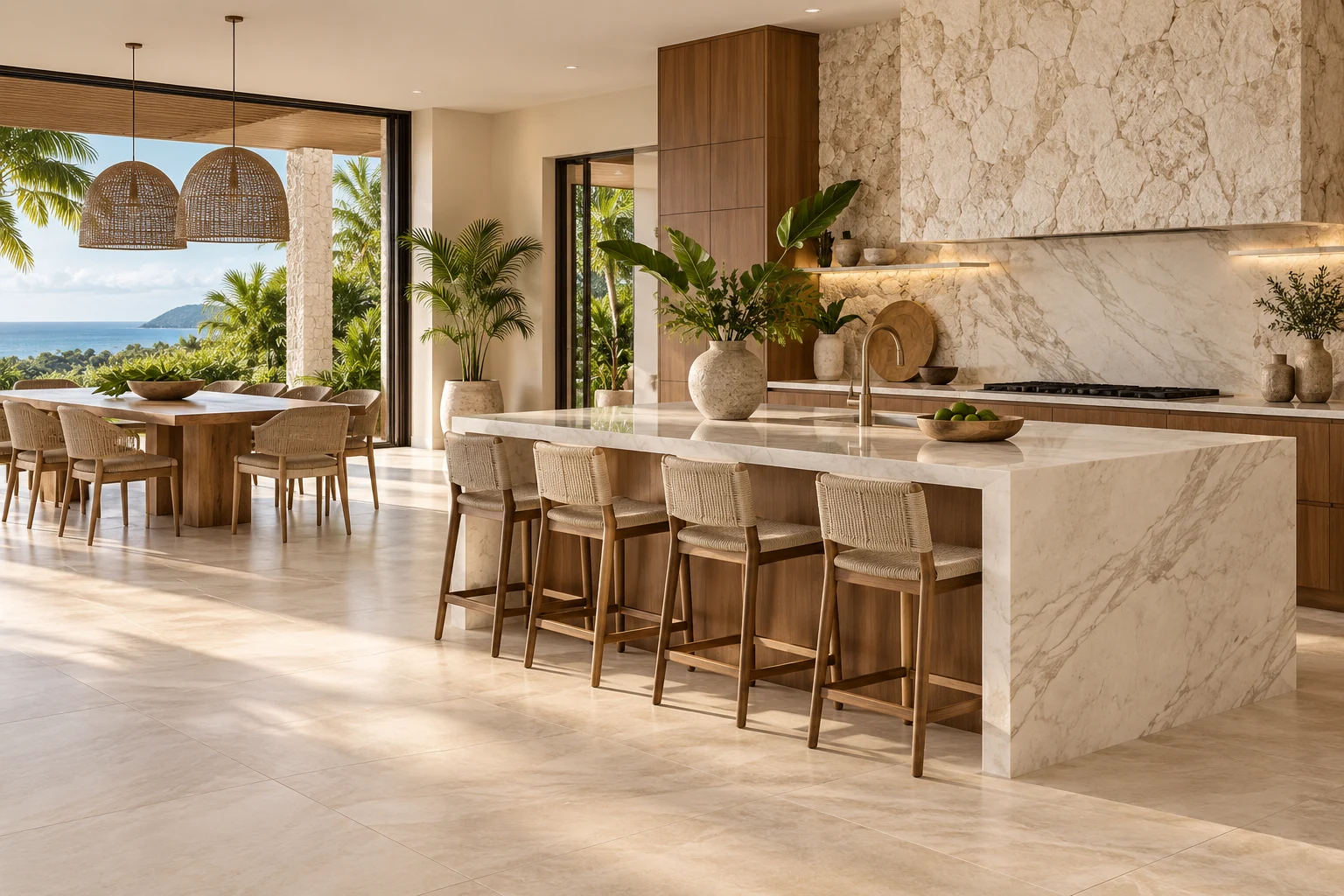 A contemporary interior with porcelain flooring and a statement stone island